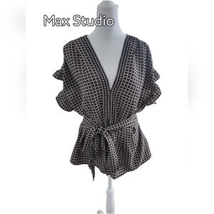 Copy - 𝅺MAX Studio V-Neck Peplum Blouse Tie Top with Ruffle Sleeves Size XL